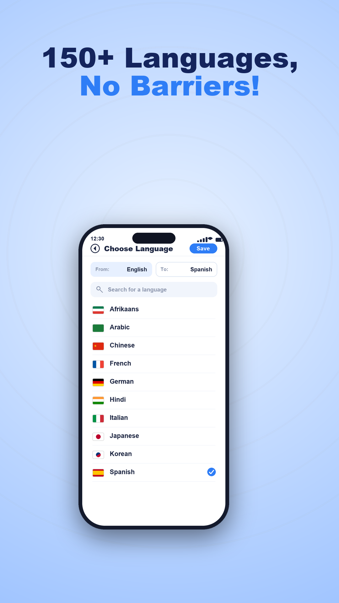 Language picker with search and flags to choose from and to languages